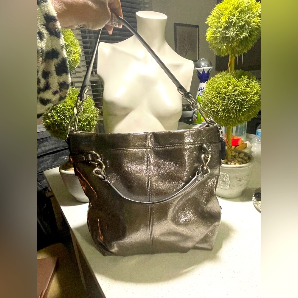 Beautiful pewter Brooke Coach metallic leather hobo bag.